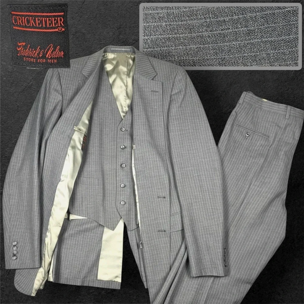 Vtg Cricketeer 3 Piece Suit Mens 42L Grey Wool Pinstripe Union Made USA Mobster